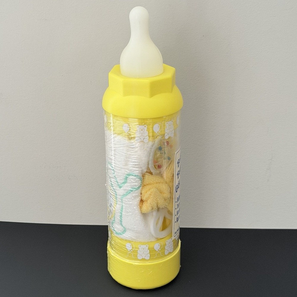Vtg Silly Phillie Baby Bottle Coin Bank Gift Set Yellow Bib Washcloth Rattle Set - Picture 3 of 6